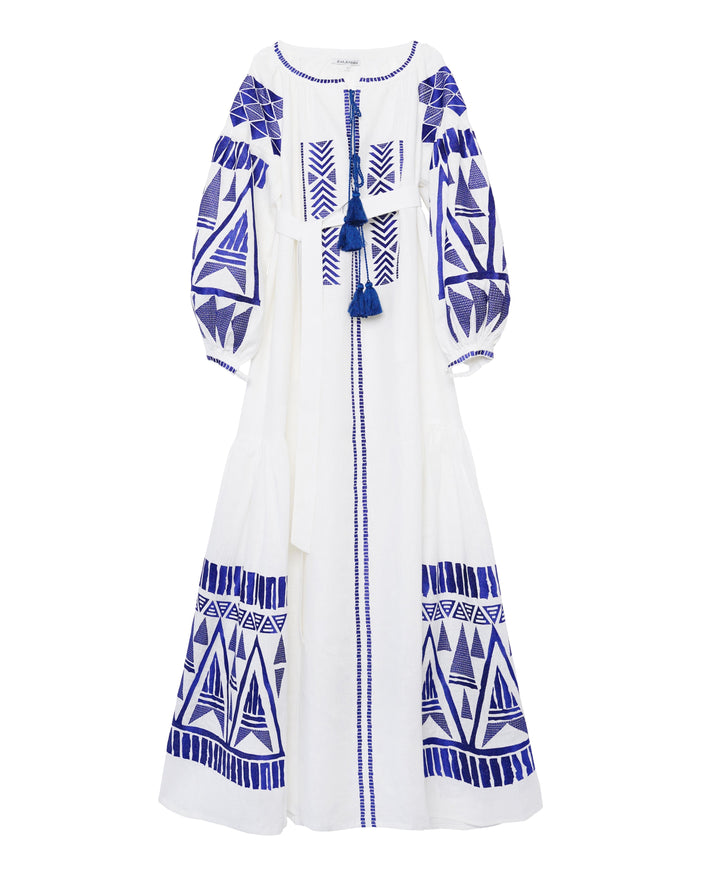 Robe longue blanche en lin brodé – Manches ballon | ZALXNDRA