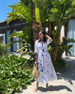 White Blue Floral Embroidered Linen Kaftan Maxi Dress