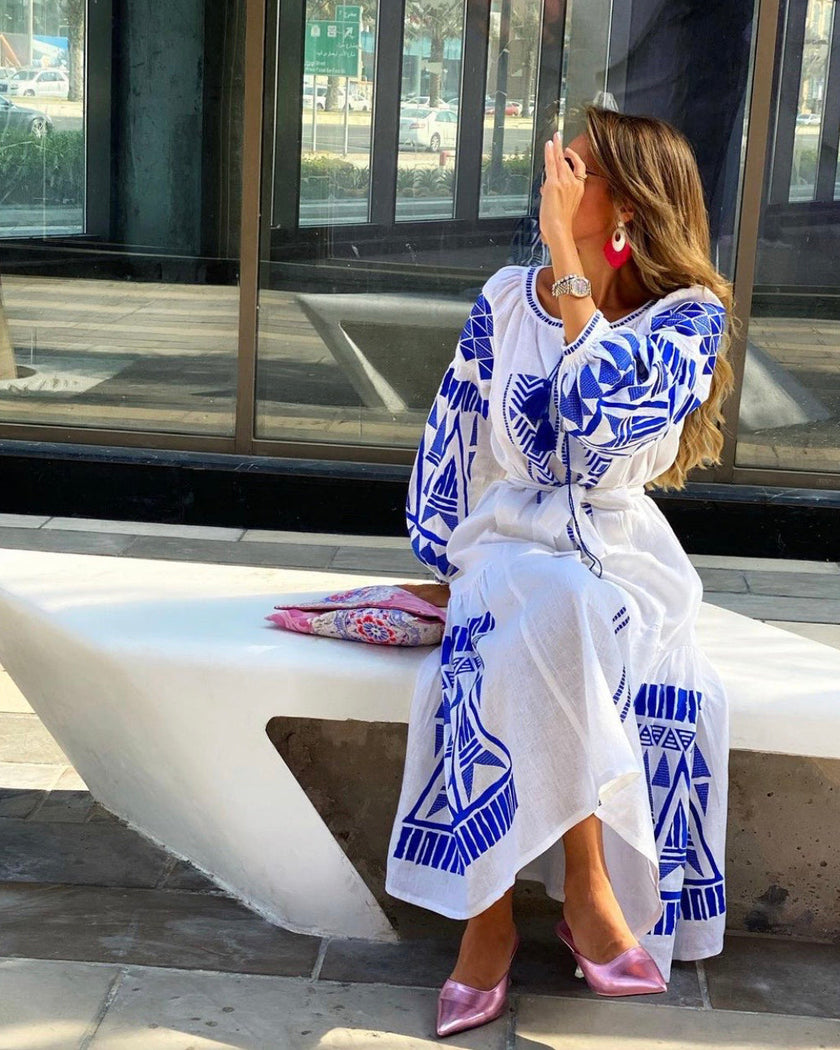 White Embroidered Linen Maxi Dress – Balloon Sleeves | ZALXNDRA