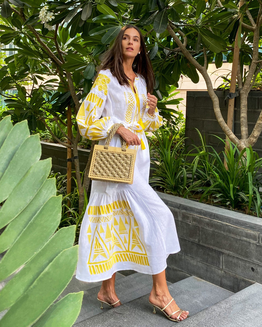 White Yellow Geometric Embroidered Linen Kaftan Maxi Dress