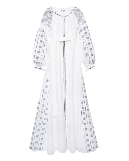White Embroidered Linen Long Dress – Balloon Sleeves | ZALXNDRA
