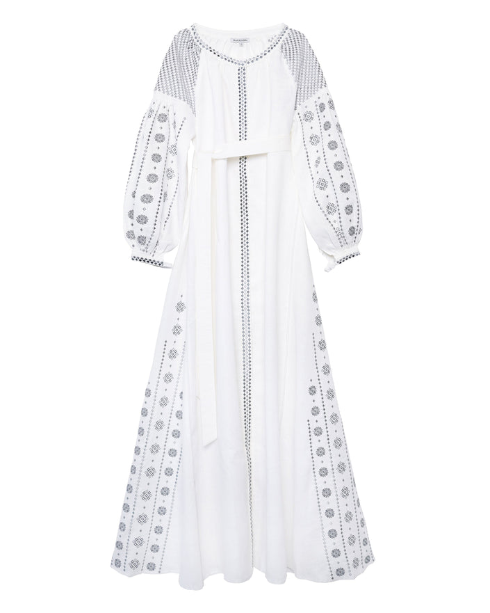 White Silver Geometric Embroidered Linen Kaftan Maxi Dress