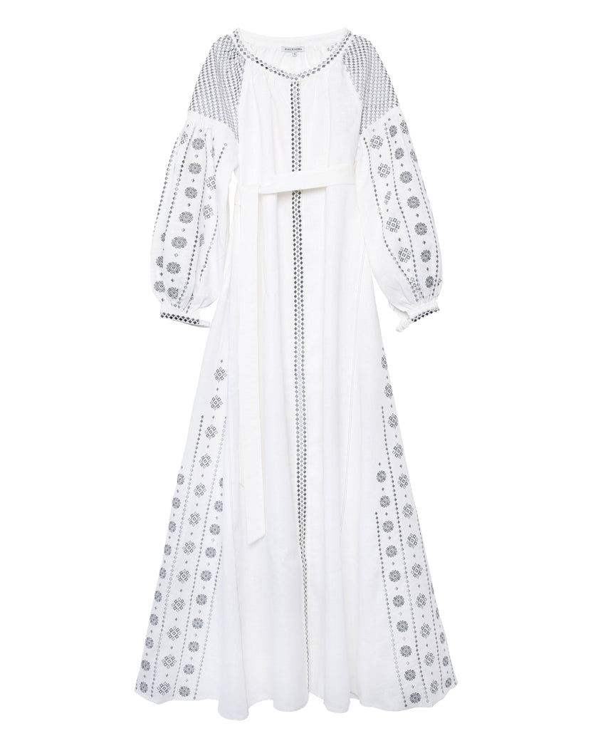 White Silver Geometric Embroidered Linen Kaftan Maxi Dress
