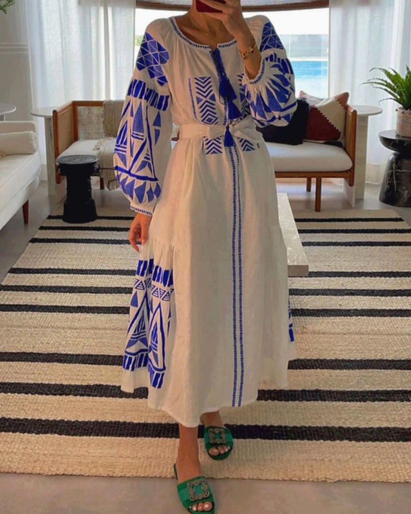 White Embroidered Linen Maxi Dress – Balloon Sleeves | ZALXNDRA