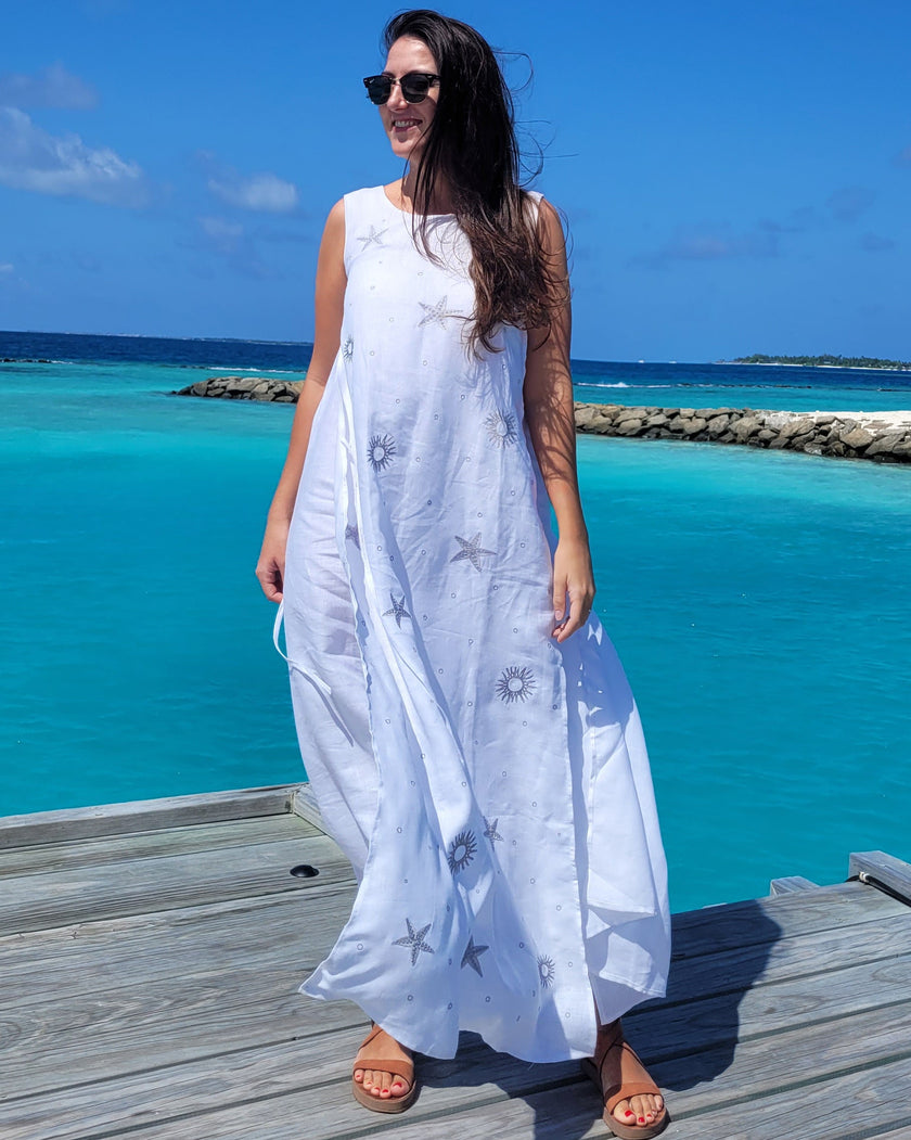 White Silver Sun and Star Embroidered Linen Maxi Dress