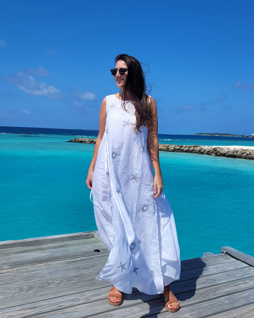White Embroidered Linen Long Dress | ZALXNDRA