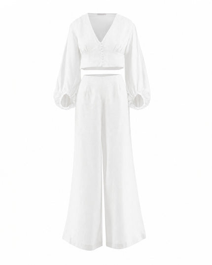 White Linen V-Neck Crop Top and Palazzo Pants Co-ord Set