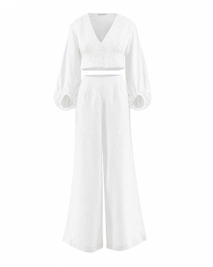 White Linen V-Neck Crop Top and Palazzo Pants Co-ord Set