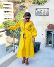 Saffron Yellow Embroidered Linen Maxi Dress – Balloon Sleeves