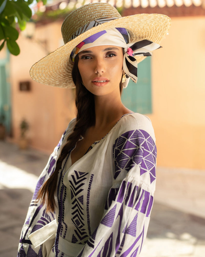 White and Purple Geometric Embroidered Linen Kaftan Maxi Dress with Balloon Sleeves