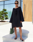 Black Tonal Floral Embroidered Linen Kaftan Mini Dress