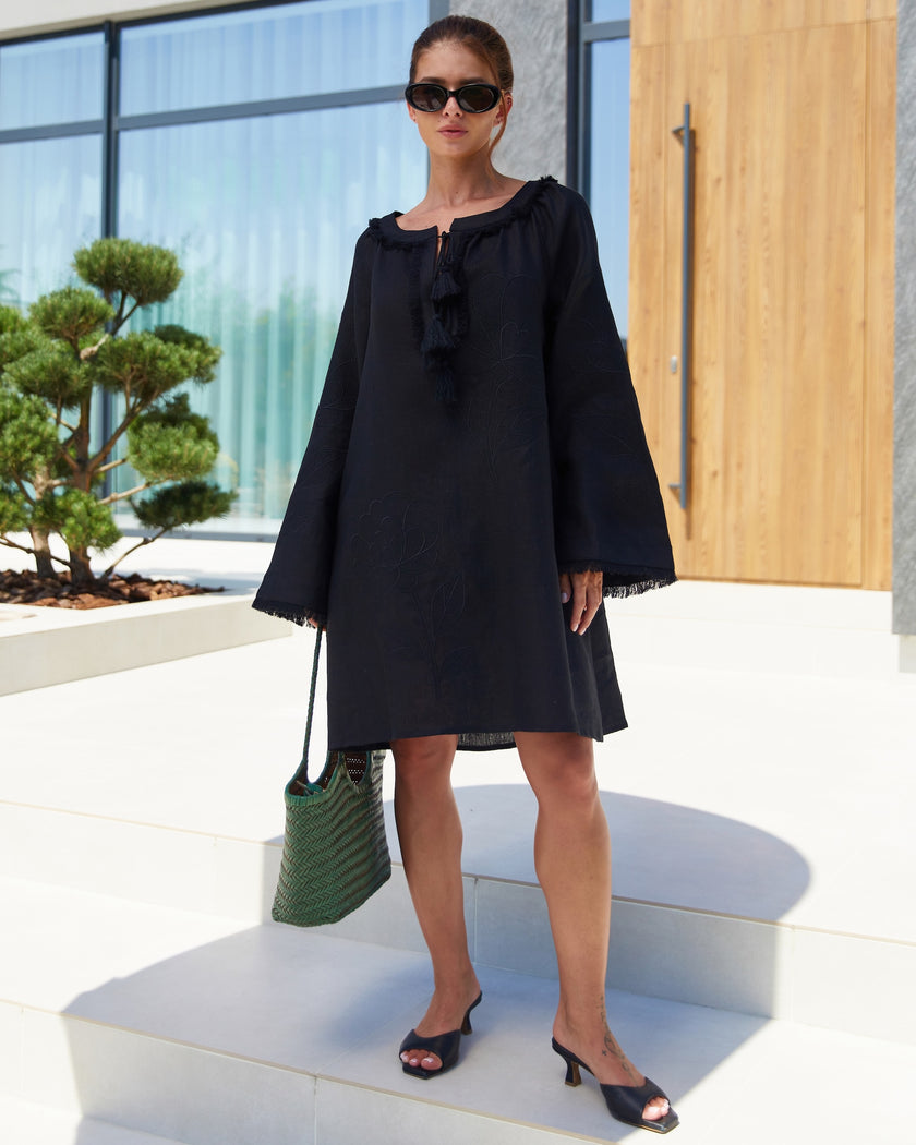 Black Tonal Floral Embroidered Linen Kaftan Mini Dress
