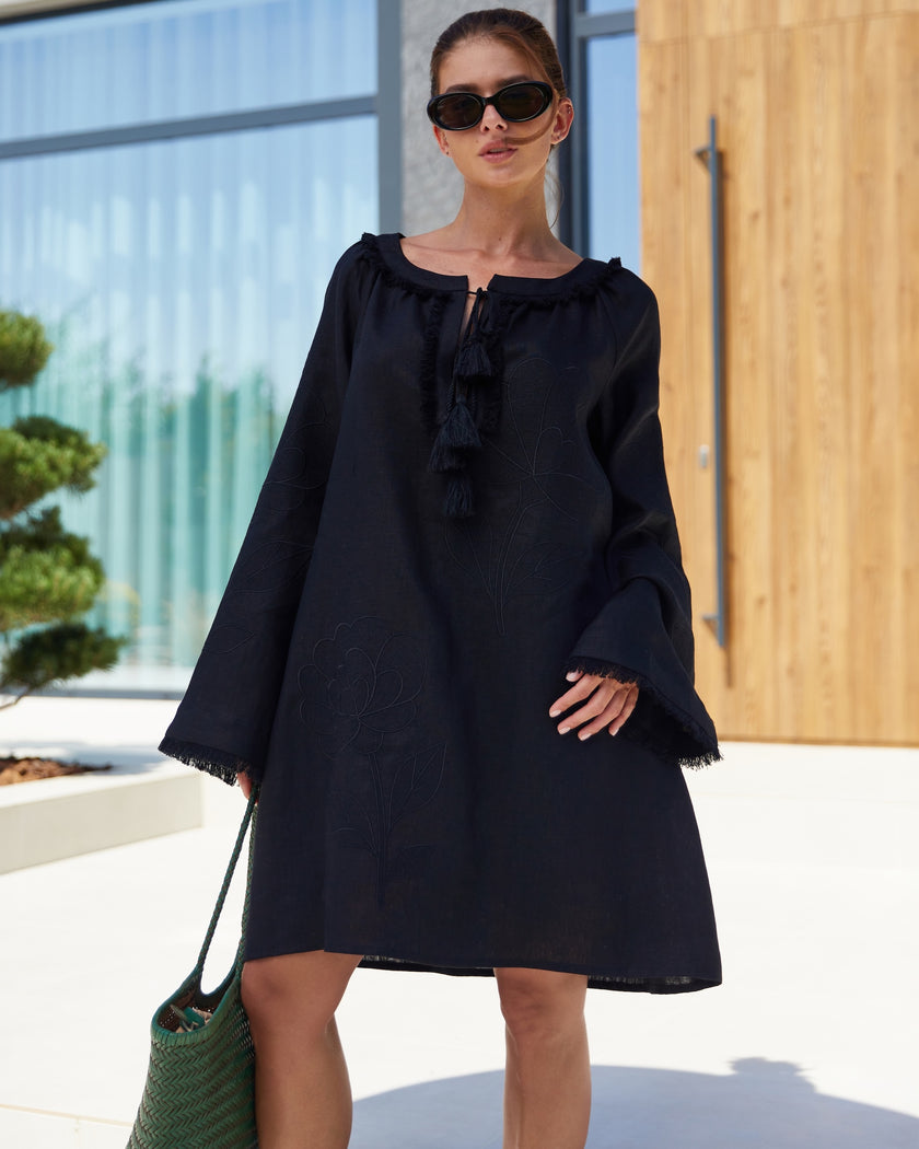 Black Tonal Floral Embroidered Linen Kaftan Mini Dress