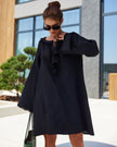 Black Tonal Floral Embroidered Linen Kaftan Mini Dress