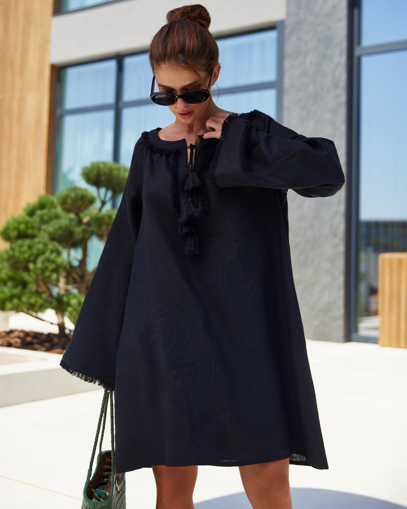 Black Tonal Floral Embroidered Linen Kaftan Mini Dress