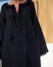 Black Tonal Floral Embroidered Linen Kaftan Mini Dress