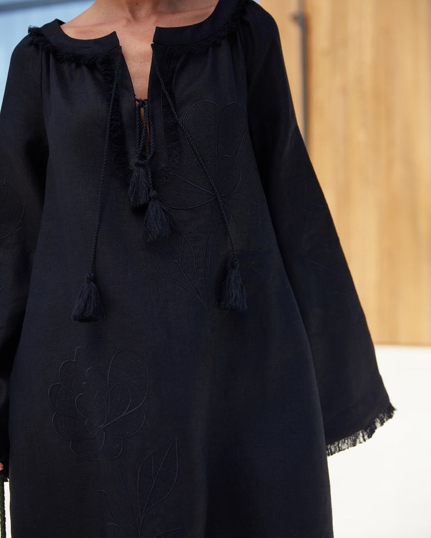 Black Tonal Floral Embroidered Linen Kaftan Mini Dress