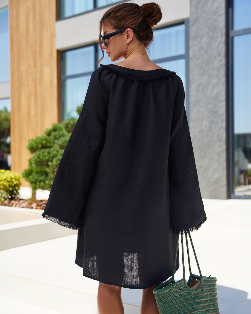 Black Tonal Floral Embroidered Linen Kaftan Mini Dress