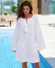 White Tonal Floral Embroidered Linen Kaftan Mini Dress