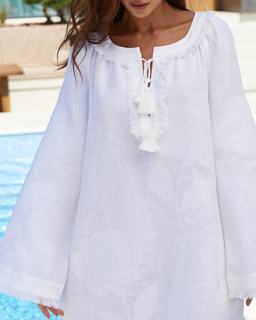 White Tonal Floral Embroidered Linen Kaftan Mini Dress