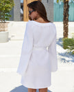 White Tonal Floral Embroidered Linen Kaftan Mini Dress
