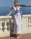 Blue and White Geometric Embroidered Linen Kaftan Maxi Dress
