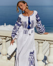 Blue and White Geometric Embroidered Linen Kaftan Maxi Dress