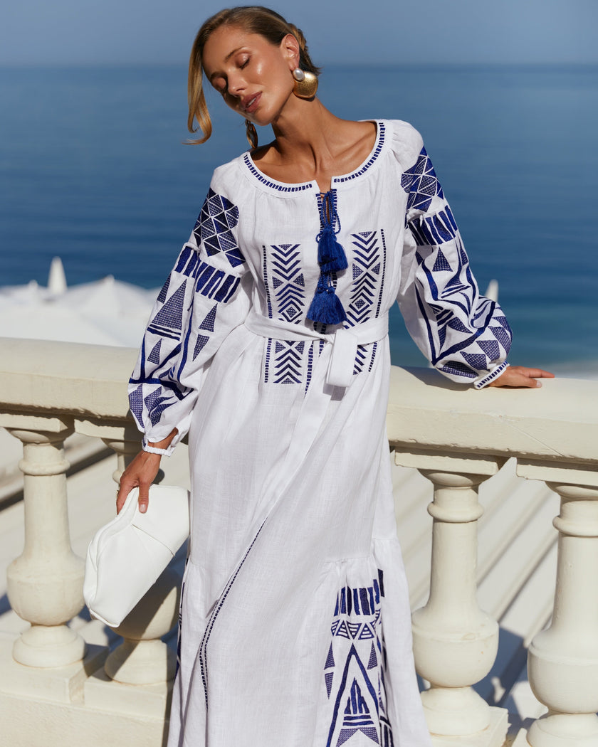 Blue and White Geometric Embroidered Linen Kaftan Maxi Dress