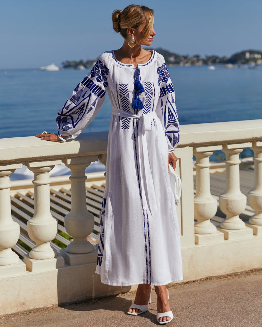 Blue and White Geometric Embroidered Linen Kaftan Maxi Dress