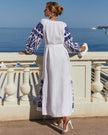 Blue and White Geometric Embroidered Linen Kaftan Maxi Dress