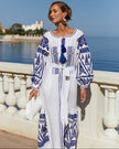 Blue and White Geometric Embroidered Linen Kaftan Maxi Dress