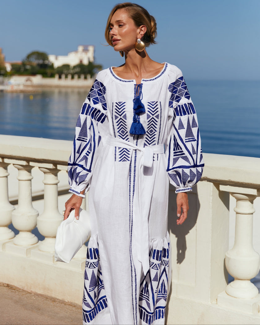 Blue and White Geometric Embroidered Linen Kaftan Maxi Dress
