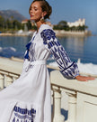 Blue and White Geometric Embroidered Linen Kaftan Maxi Dress