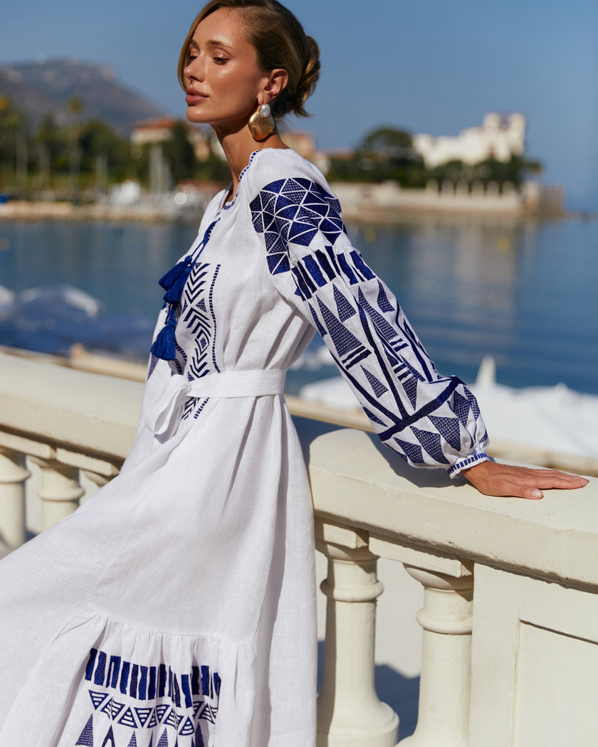 Blue and White Geometric Embroidered Linen Kaftan Maxi Dress