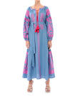 Robe longue en lin brodé bleu poudre foncé – Manches ballon