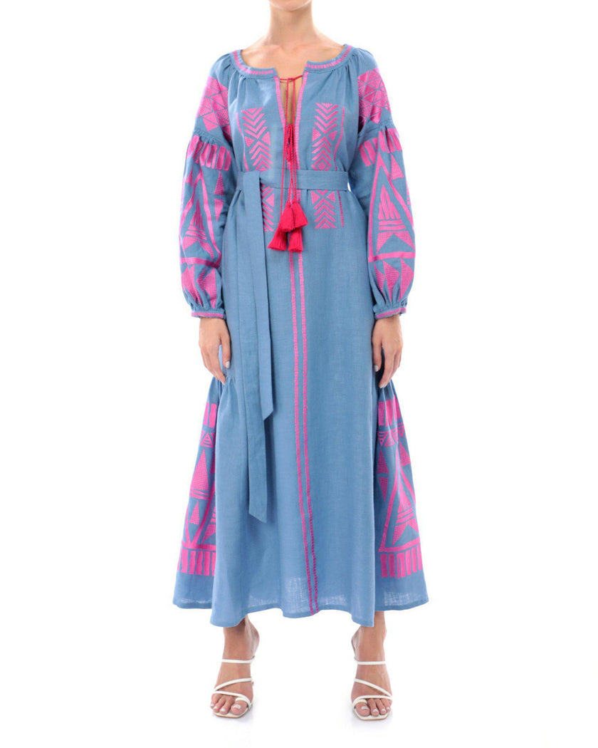 Dark Powder Blue Embroidered Linen Maxi Dress – Balloon Sleeves