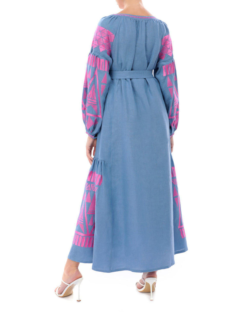 Dark Powder Blue Embroidered Linen Maxi Dress – Balloon Sleeves