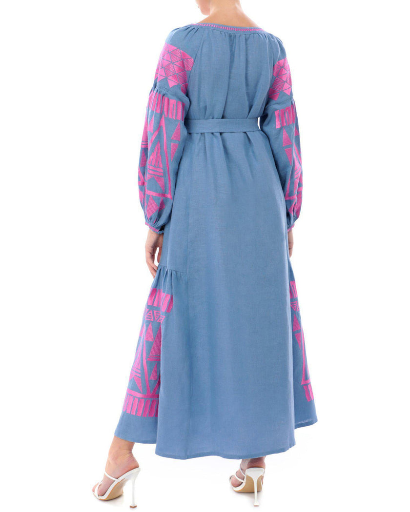 Powder Blue and Pink Geometric Embroidered Linen Kaftan Maxi Dress with Balloon Sleeves