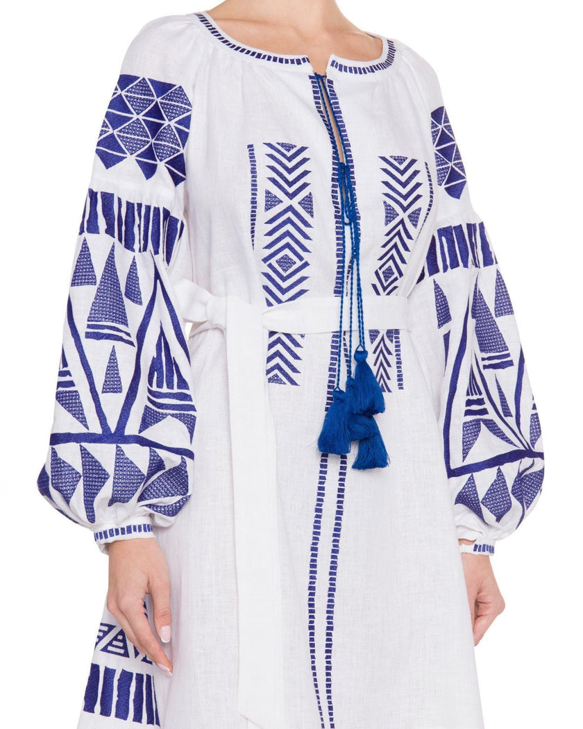 White Embroidered Linen Mini Dress – Balloon Sleeves | ZALXNDRA